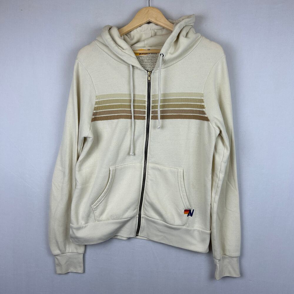 Aviator Nation 5 Stripe Hoodie Sweatshirt Jacket Full Zip Tan Unisex Size M